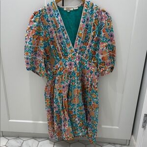 mahila x tolani kenny dress in jade Floral Dress w puff Sleeves M anthropologie